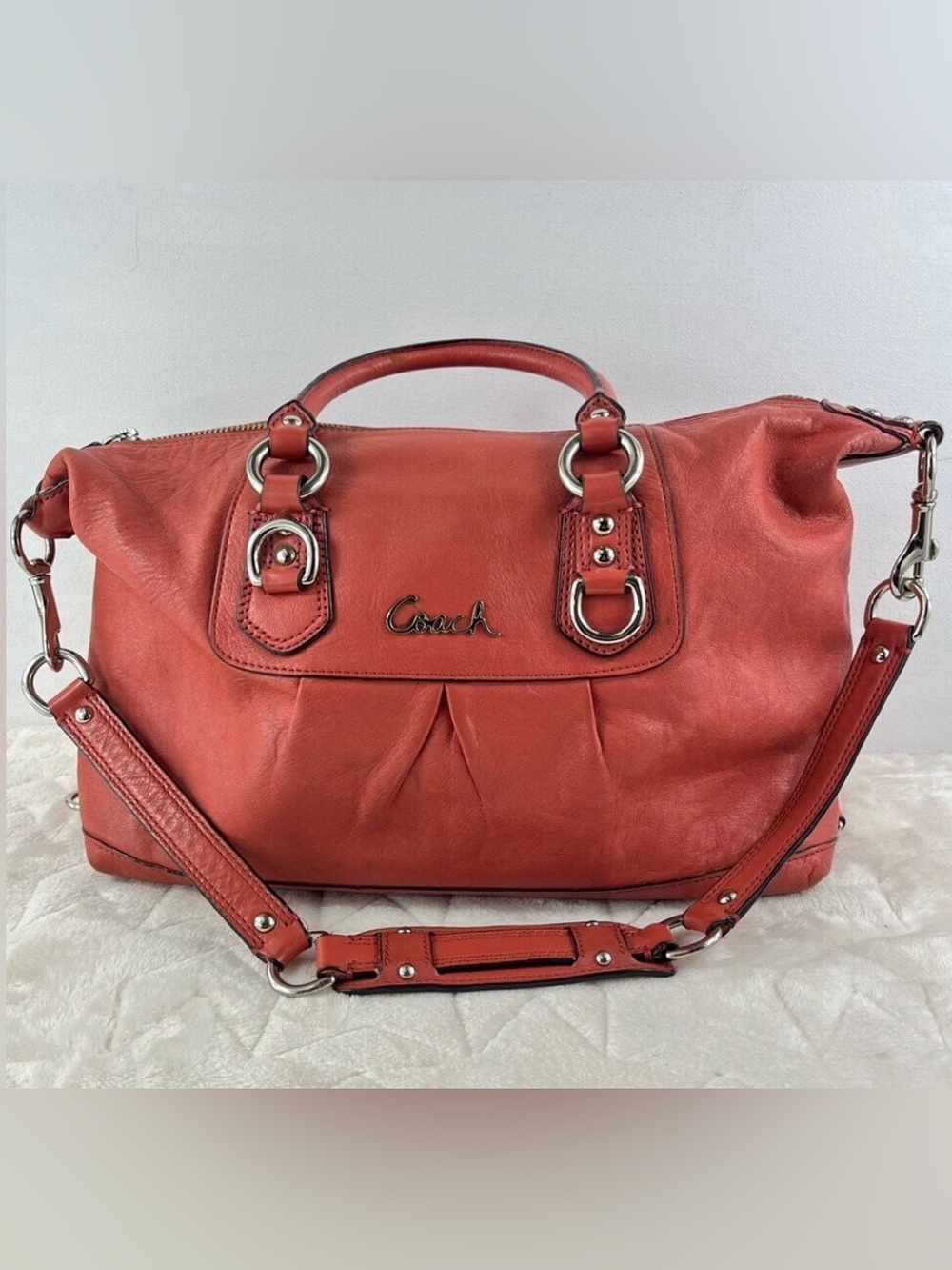 Coach Vintage Orange Leather Shoulder Bag Purse Satchel Ashley Silver Hardware